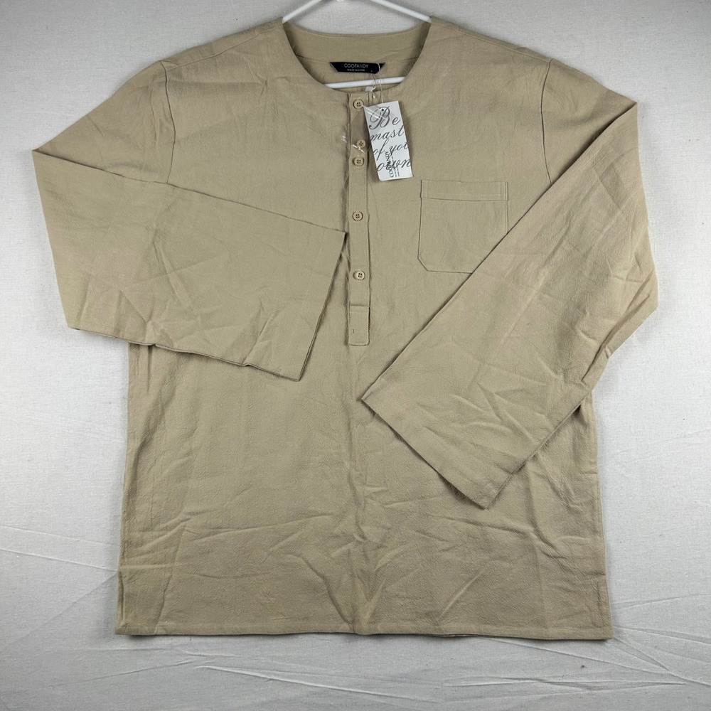 Coofandy Mens Long Sleeve Henley Shirt Khaki Tan Cotton Blend Size L NWT